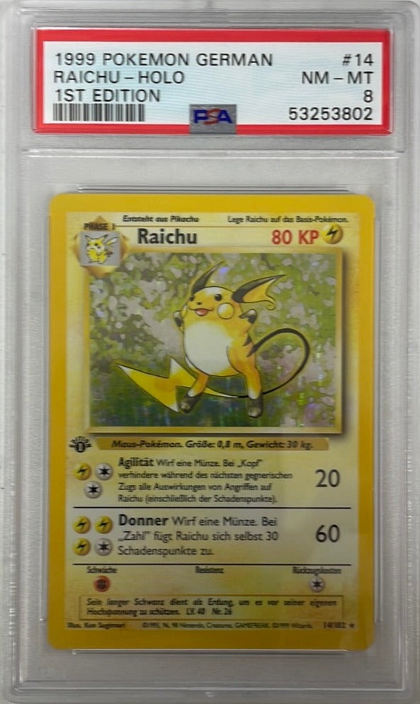 PSA 8 NM - MT - Raichu 14/102 1st Edition German Base Set Pokemon Holo