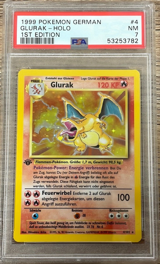 PSA 7 NM - Charizard 4/102 1st Edition German (Glurak) Base Set Pokemo PSA 7 NM - Charizard 4/102 1st Edition German (Glurak) Base Set Pokemo