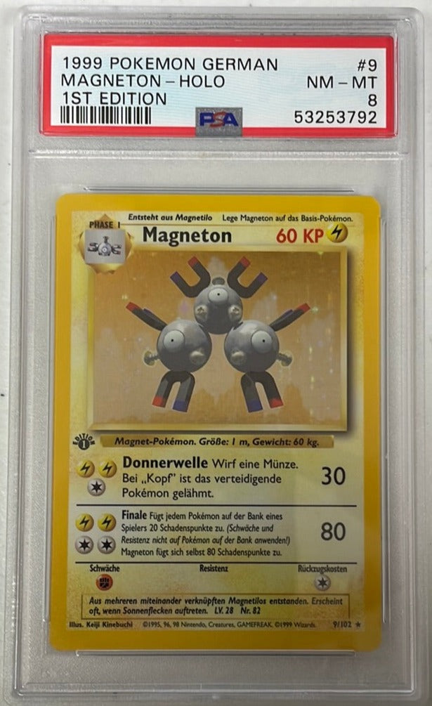 PSA 8 NM - MT - Magneton 9/102 1st Edition German Base Set Pokemon Holo