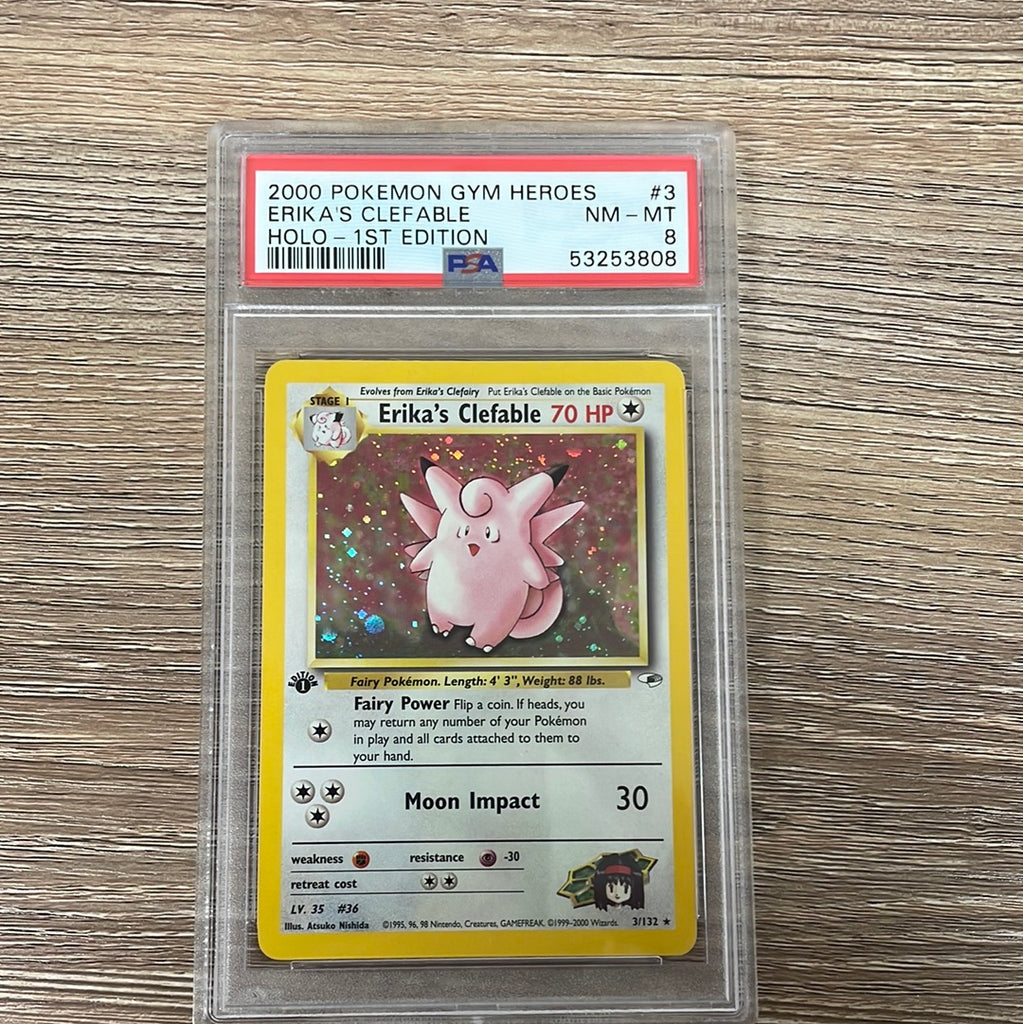 PSA 8 NM - MT - Erika's Clefable 3/132 1st Edition Gym Heroes Holo Pok PSA 8 NM - MT - Erika's Clefable 3/132 1st Edition Gym Heroes Holo Pok