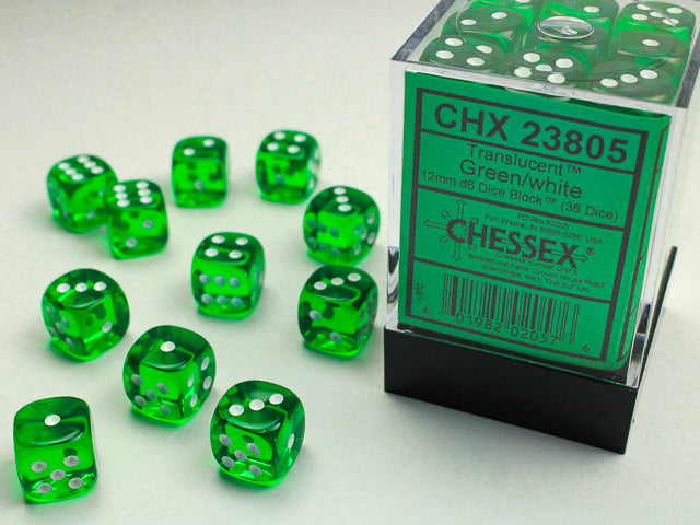 Chessex (23805) Translucent Green/white 12mm d6 Dice Block (36 dice)