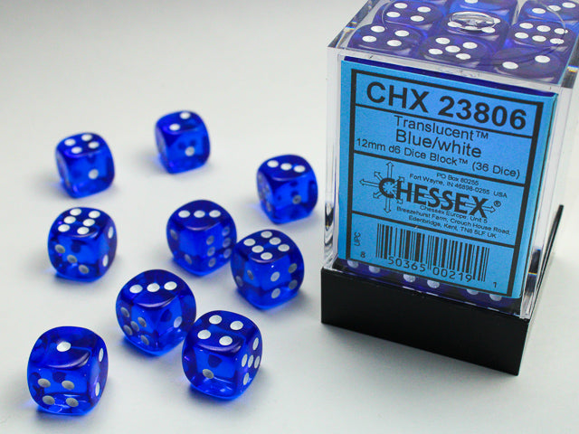 Chessex (23806) Translucent Blue/white 12mm d6 Dice Block (36 dice)