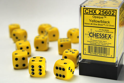 Chessex (25602) Opaque Yellow/black 16mm d6 Dice Block (12 dice)