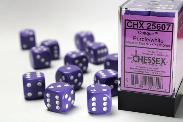 Chessex (25607) Opaque Purple/white 16mm d6 Dice Block (12 dice)