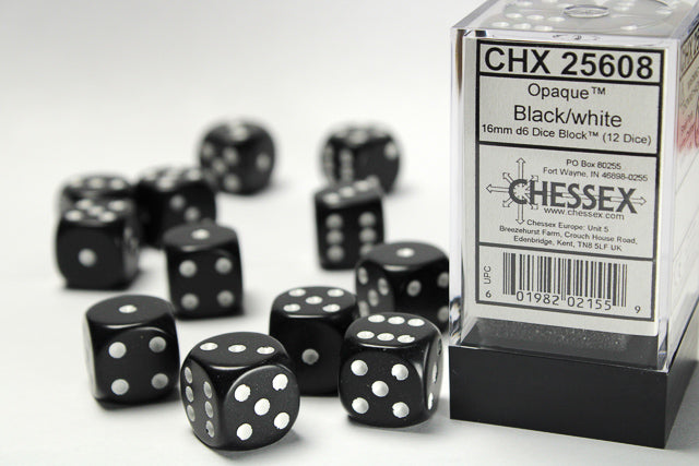 Chessex (25608) Opaque Black/white 16mm d6 Dice Block (12 dice)