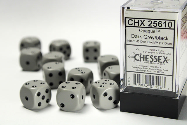 Chessex (25610) Opaque Grey/black 16mm d6 Dice Block (12 dice)