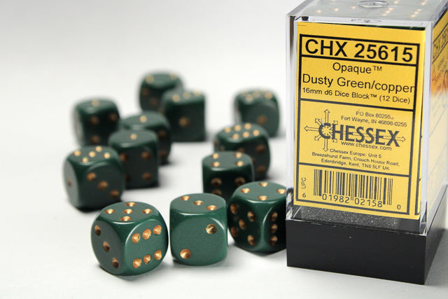 Chessex (25615) Opaque Dusty Green/copper 16mm d6 Dice Block (12 dice)