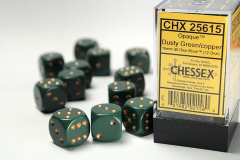 Chessex (25615) Opaque Dusty Green/copper 16mm d6 Dice Block (12 dice)