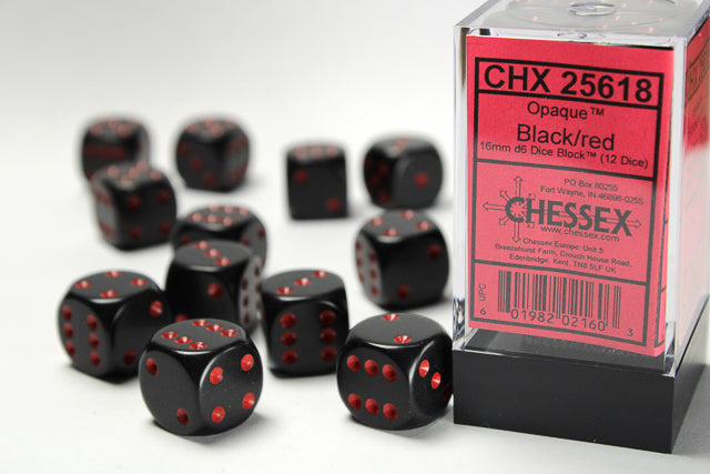 Chessex (25618) Opaque Black/red 16mm d6 Dice Block (12 dice)