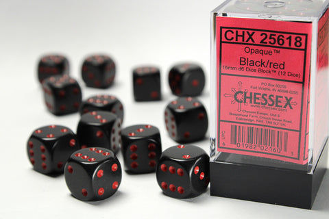 Chessex (25618) Opaque Black/red 16mm d6 Dice Block (12 dice)