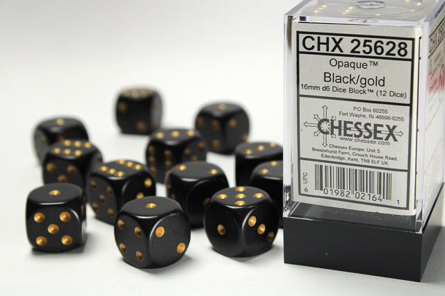 Chessex (25628) Opaque Black/gold 16mm d6 Dice Block (12 dice)