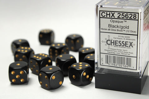 Chessex (25628) Opaque Black/gold 16mm d6 Dice Block (12 dice)