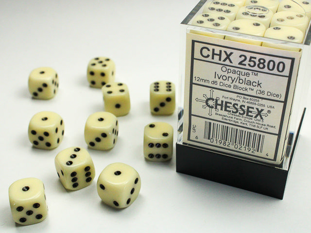 Chessex (25800) Opaque Ivory/black 12mm d6 Dice Block (36 dice)