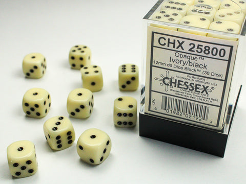 Chessex (25800) Opaque Ivory/black 12mm d6 Dice Block (36 dice)
