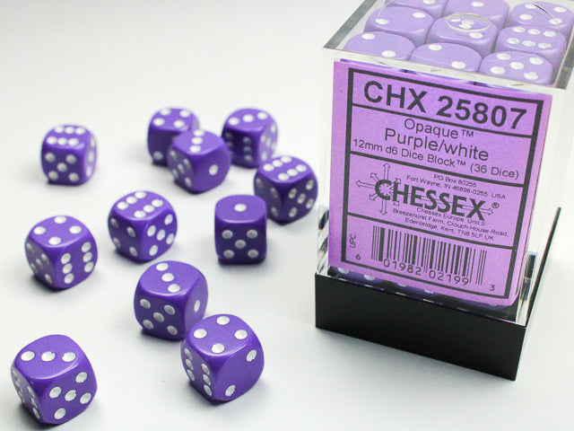 Chessex (25807) Opaque Purple/white 12mm d6 Dice Block (36 dice)