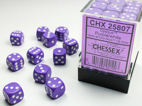 Chessex (25807) Opaque Purple/white 12mm d6 Dice Block (36 dice)