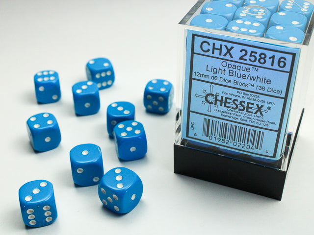 Chessex (25816) Opaque Light Blue/white 12mm d6 Dice Block (36 dice)