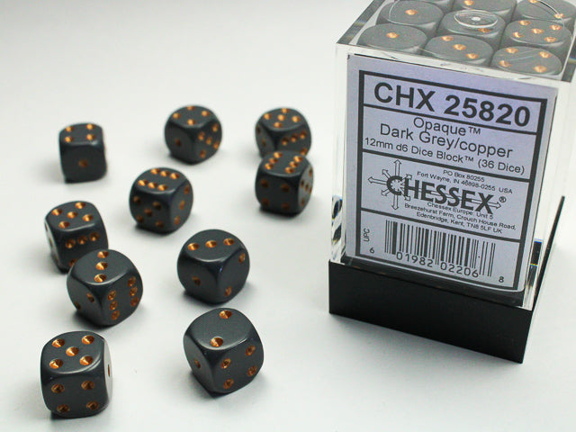 Chessex (25820) Opaque Dark Grey/copper 12mm d6 Dice Block (36 dice)