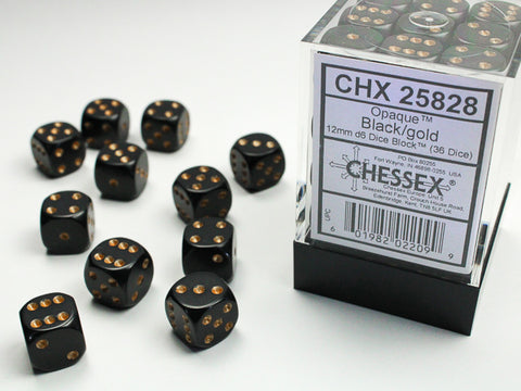 Chessex (25828) Opaque Black/gold 12mm d6 Dice Block (36 dice)