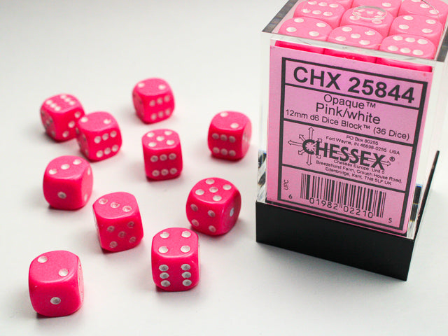 Chessex (25844) Opaque Pink/White 12mm d6 Dice Block (36 dice)