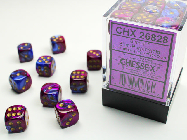 Chessex (26840) Gemini Black-Purple/gold 12mm d6 Dice Block (36 dice)