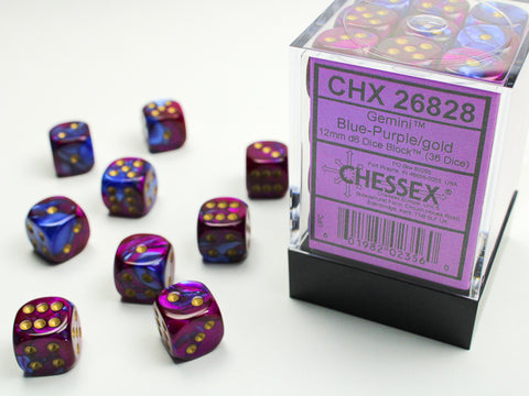 Chessex (26840) Gemini Black-Purple/gold 12mm d6 Dice Block (36 dice)