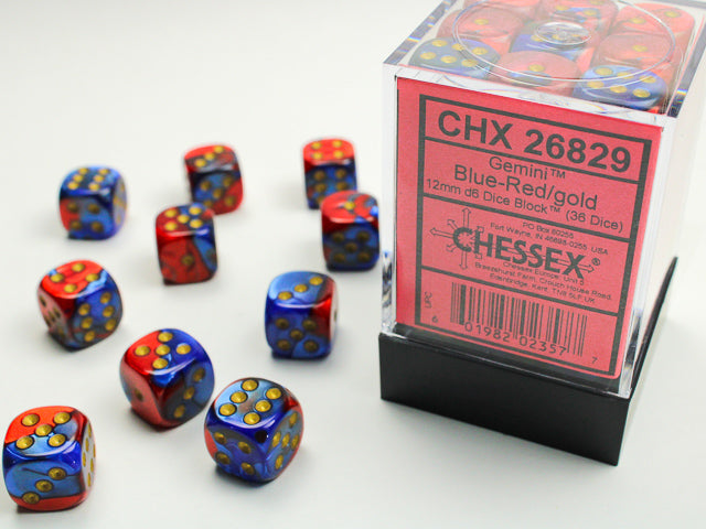 Chessex (26829) Gemini Blue-Red/gold 12mm d6 Dice Block (36 dice)