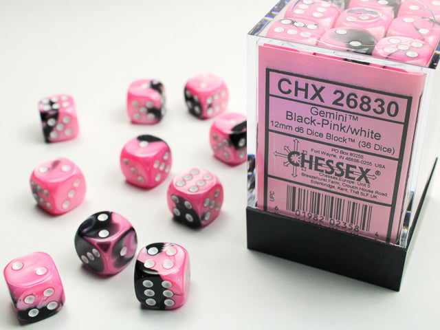 Chessex (26830) Gemini Black-Pink/white 12mm d6 Dice Block (36 dice)