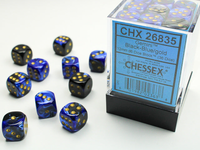 Chessex (26835) Gemini Black-Blue/gold 12mm d6 Dice Block (36 dice)