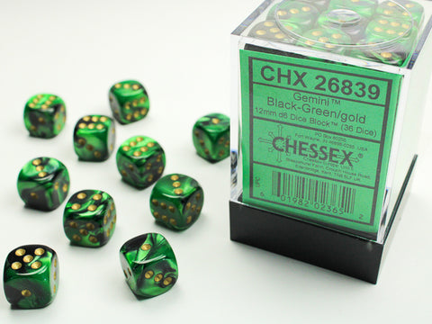 Chessex (26839) Gemini Black-Green/gold 12mm d6 Dice Block (36 dice)