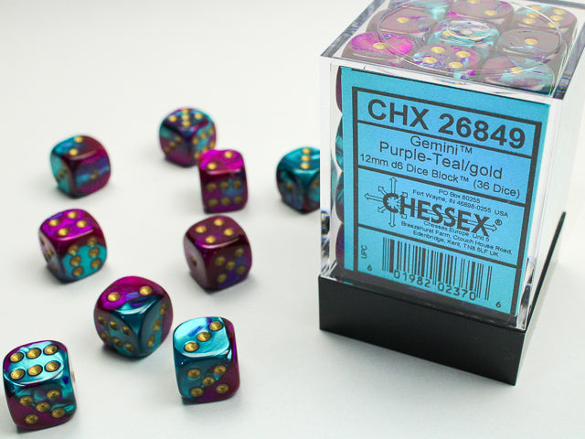 Chessex (26849) Gemini Purple-Teal/gold 12mm d6 Dice Block (36 dice)