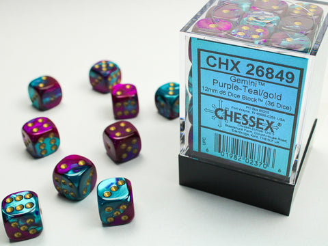 Chessex (26849) Gemini Purple-Teal/gold 12mm d6 Dice Block (36 dice)