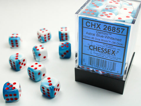 Chessex (26857) Gemini Astral Blue-White/red 12mm d6 Dice Block (36 dice)