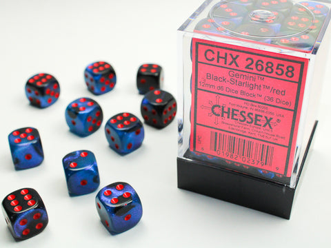 Chessex (26858) Gemini Black-Starlight/red 12mm d6 Dice Block (36 dice)