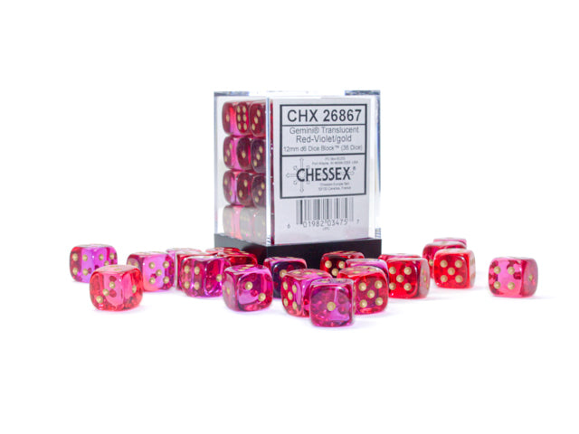 Chessex (26867) Gemini Translucent Red-Violet/gold 12mm d6 Dice Block (36 dice)