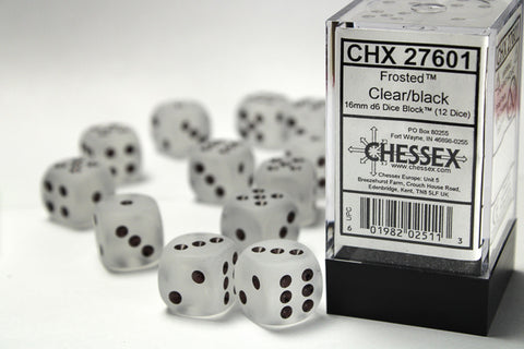 Chessex (27601) Frosted Clear/black 16mm d6 Dice Block (12 dice)
