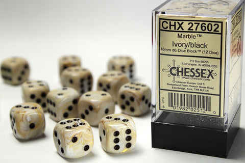 Chessex (27602) Marble Ivory/black 16mm d6 Dice Block (12 dice)