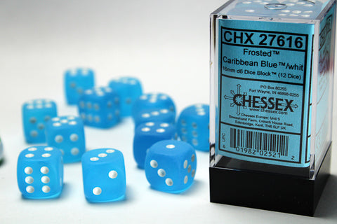 Chessex (27616) Frosted Caribbean Blue/white 16mm d6 Dice Block (12 dice)