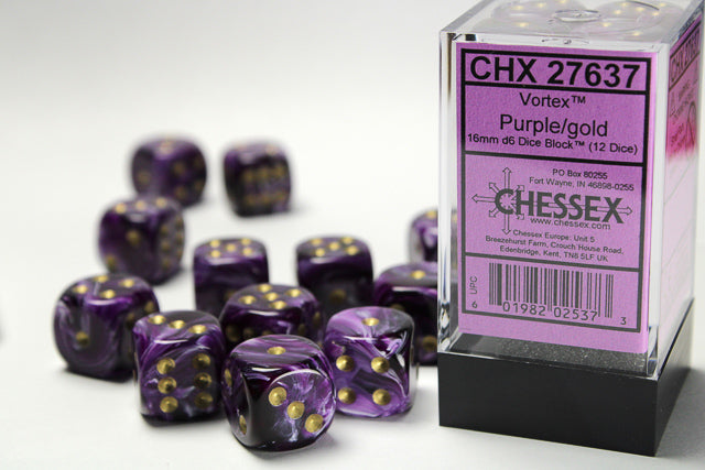Chessex (27637) Vortex Purple/gold 16mm d6 Dice Block (12 dice)