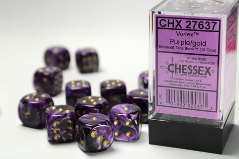 Chessex (27637) Vortex Purple/gold 16mm d6 Dice Block (12 dice)