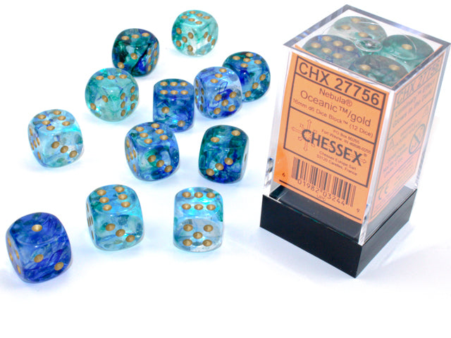 Chessex (27756) Nebula Oceanic/gold Luminary 16mm d6 Dice Block (12 dice)