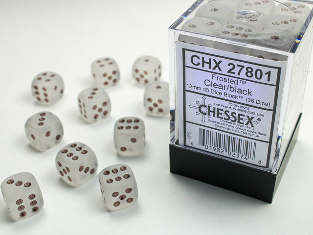 Chessex (27801) Frosted Clear/black 12mm d6 Dice Block (36 dice)