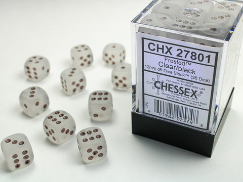 Chessex (27801) Frosted Clear/black 12mm d6 Dice Block (36 dice)
