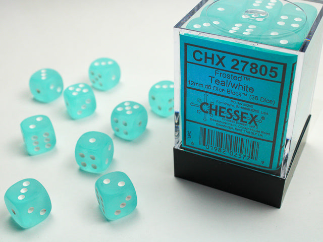 Chessex (27805) Frosted Teal/white 12mm d6 Dice Block (36 dice)