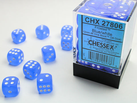 Chessex (27806) Frosted Blue/white 12mm d6 Dice Block (36 dice)