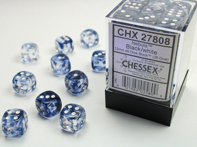 Chessex (27808) Nebula Black/white 12mm d6 Dice Block (36 dice)