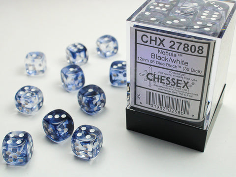Chessex (27808) Nebula Black/white 12mm d6 Dice Block (36 dice)