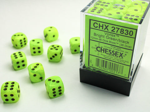 Chessex (27830) Vortex Bright Green/black 12mm d6 Dice Block (36 dice)