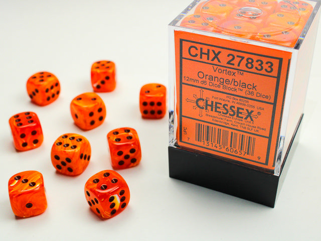 Chessex (27833) Vortex Orange/black 12mm d6 Dice Block (36 dice)