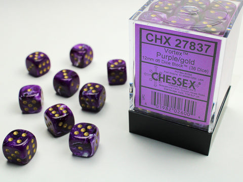 Chessex (27837) Vortex Purple/gold 12mm d6 Dice Block (36 dice)